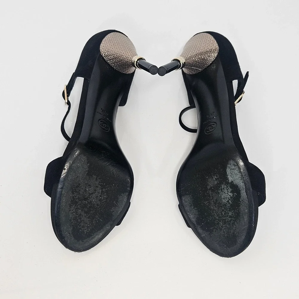 Chanel 2016 Black Suede Satin Gold CC Logo High Heels Sandals Shoes Strappy 41.5
